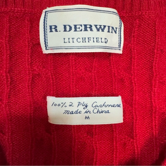 R Derwin Litchfield Red Cable Knit 100% 2 Ply Cashmere Sweater Size M - Picture 7 of 9